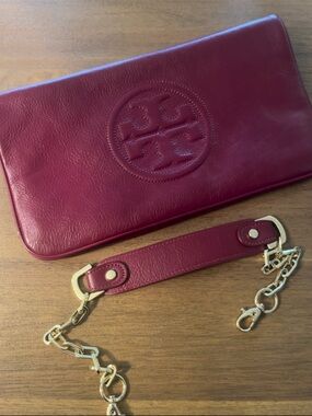 Tory Burch Burgundy Leather Wristlet Clutch with Gold Chain Strap